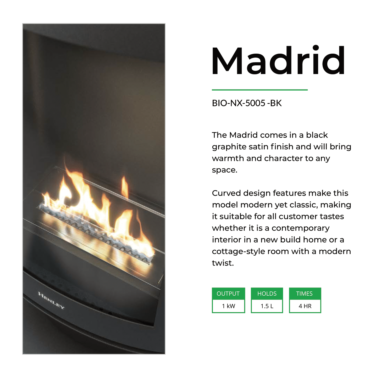 Madrid Curved Bioethanol Stove 1,5 liters/ 1kW - Image 3
