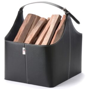 Leather Firewood Basket with Handle &ndash; Black Log Carrier 44 x 35 x 50cm
